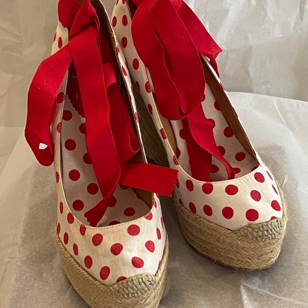 Christian Louboutin Polka Dot Ribbon Wrap Around Espadrilles Wedges 39